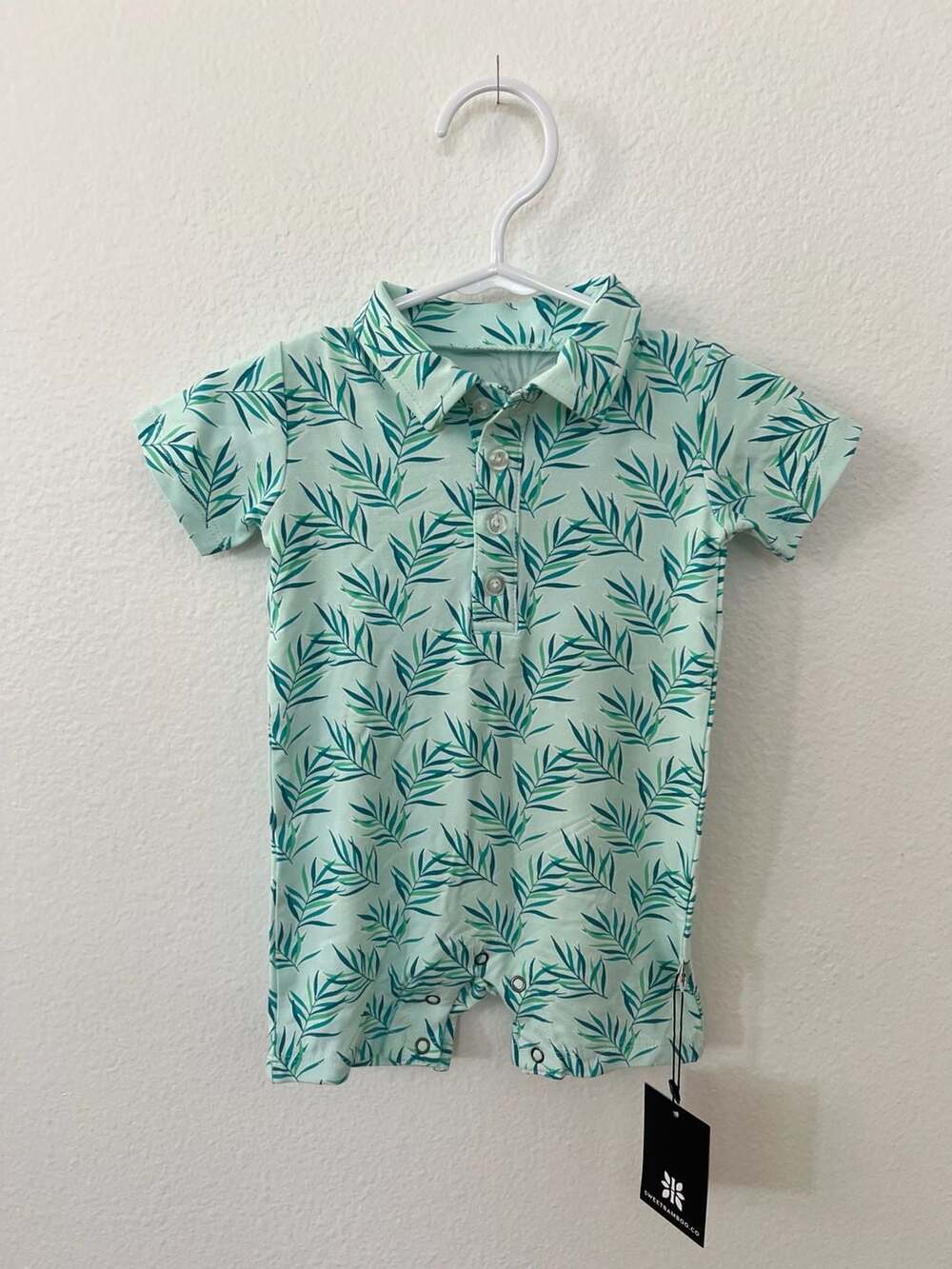 Sweet Bamboo Baby Polo Romper in Palm Leaf Print